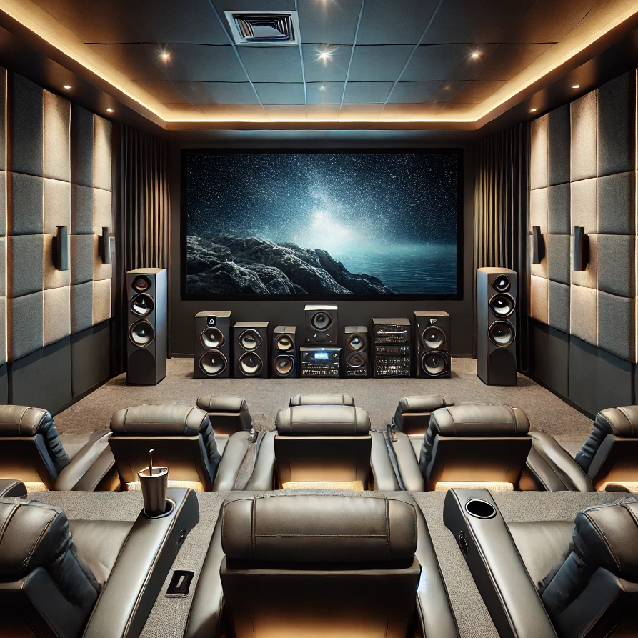 Here is the image of a luxurious home theater experience, complete with a large projection screen and an advanced surround sound system. The design includes reclining seats, LED lighting, and strategically placed speakers for an immersive audio-visual environment. Let me know if you need further adjustments or additions!